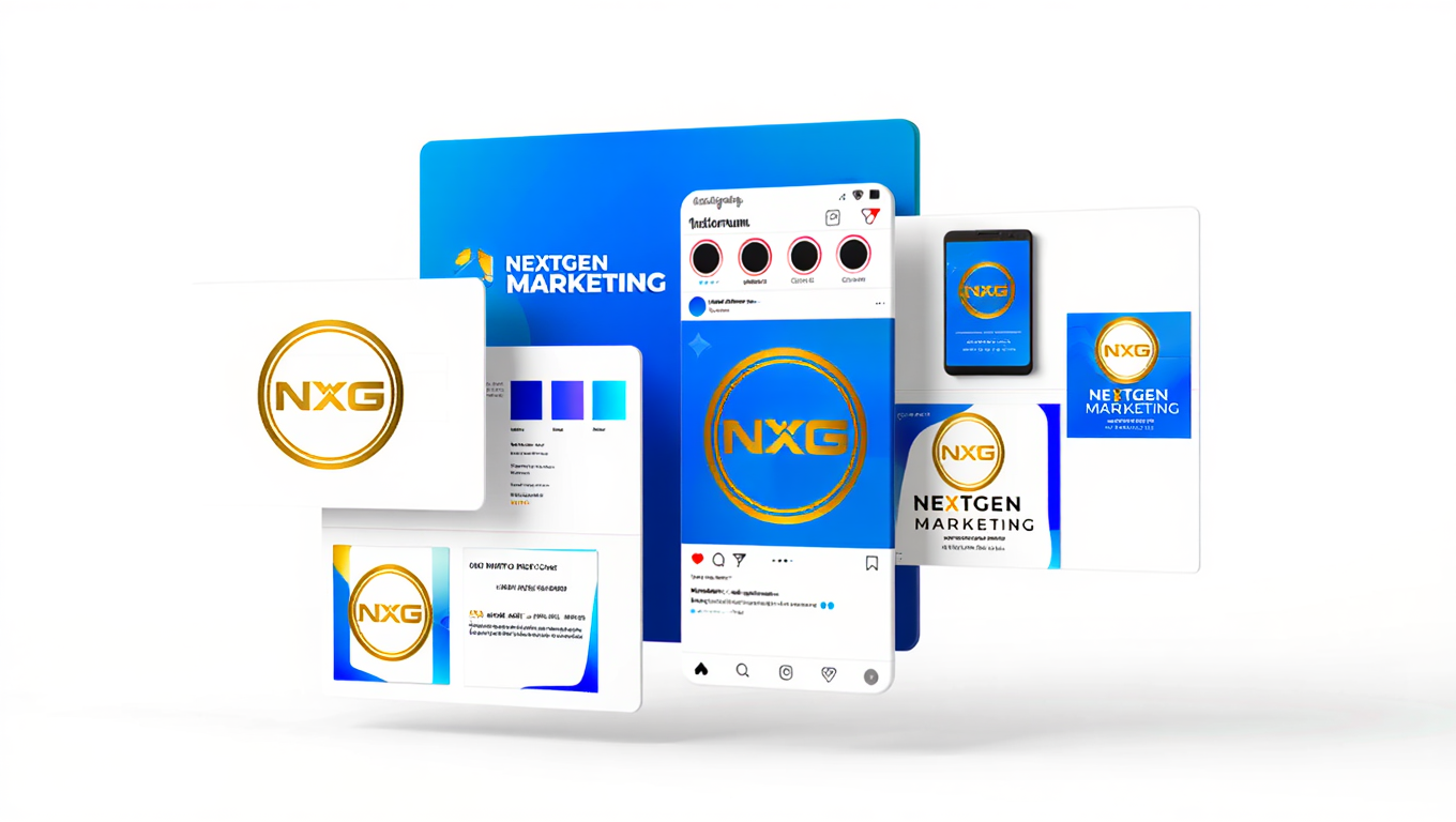 NextGen Marketing logo, brand identity, color palette, and social media creative examples (Instagram post), showing consistent brand application.