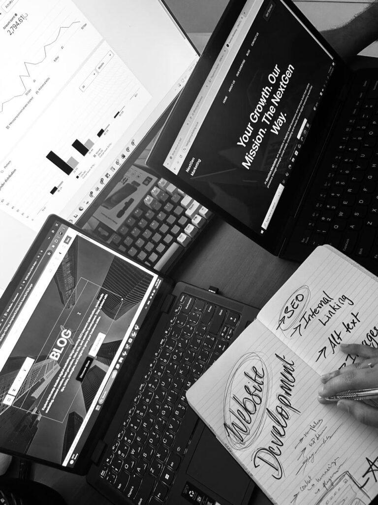 Digital marketing strategy: person writing SEO checklist for website development, surrounded by laptops displaying analytics and NextGen Marketing website.