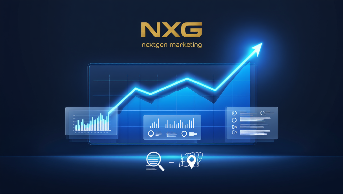 NextGen Marketing SEO ranking graph showing organic traffic growth, technical analytics, and local search optimization icons (magnifying glass and map pin).