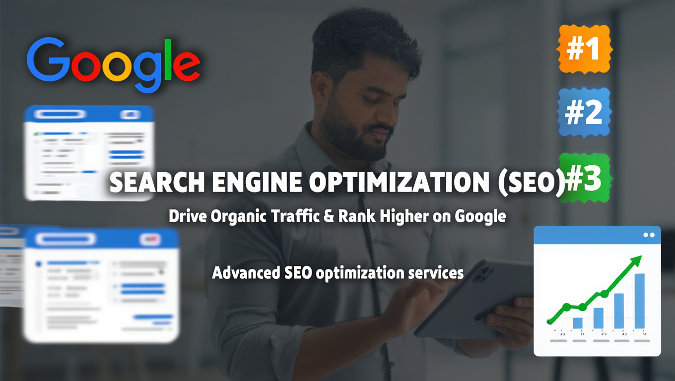 Man working on tablet with Google logo, search results, and ranking icons, symbolizing Search Engine Optimization (SEO).