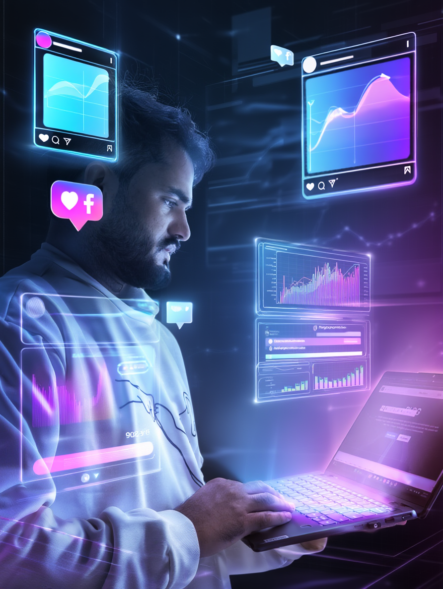 NextGen Marketing expert using a laptop to analyze social media analytics dashboards, real-time engagement data, and Meta (Facebook, Instagram) campaign performance.