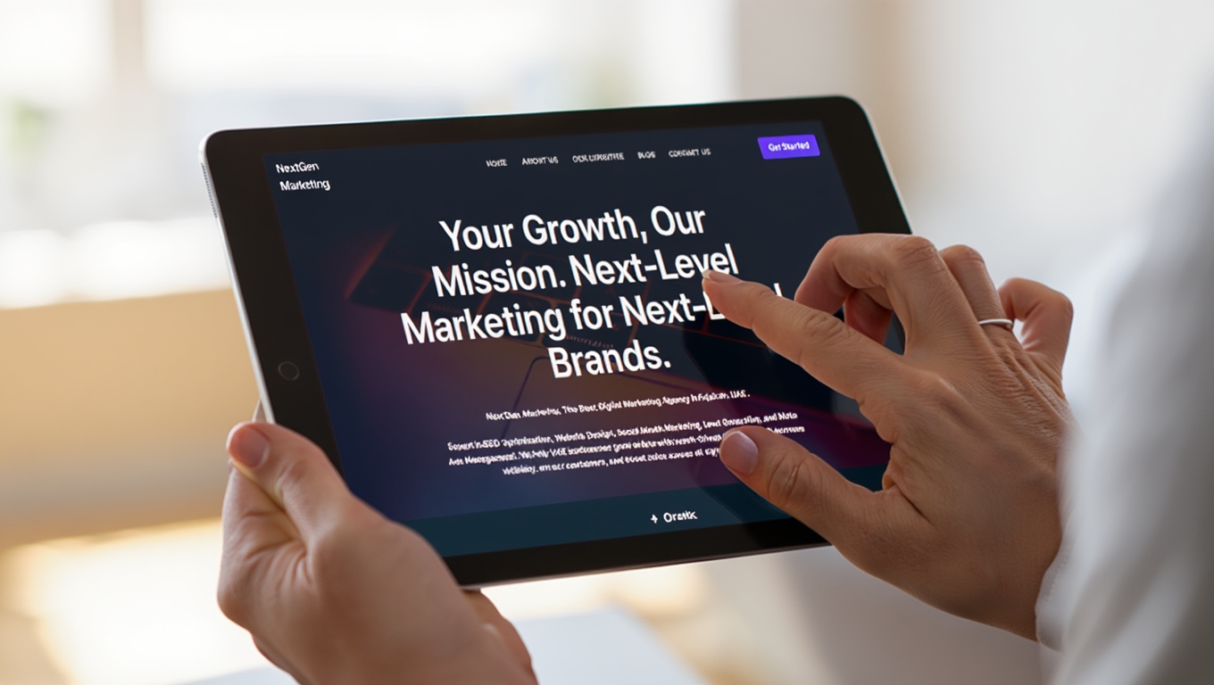 Hands interacting with a tablet displaying NextGen Marketing's website homepage with brand messaging.