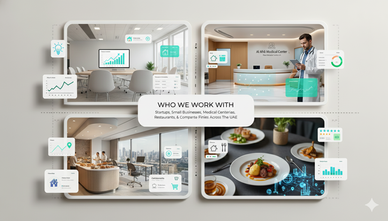 NextGen Marketing works with diverse UAE businesses: startups, small businesses, medical centers, restaurants, and real estate firms growing through digital marketing.