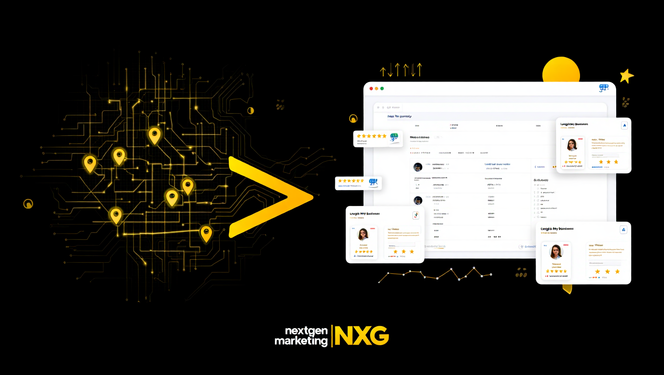 NextGen Marketing (NXG) Local SEO strategy showing map rankings and gold location pins, leading to top-ranked Google Business Profile reviews.