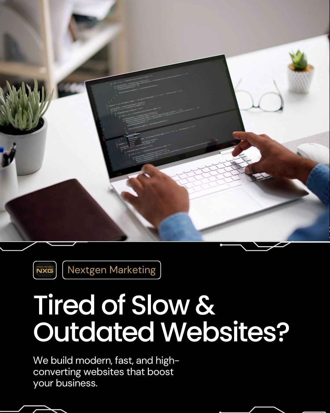 Hands typing code on a laptop, representing modern web development services for fast, high-converting business websites.